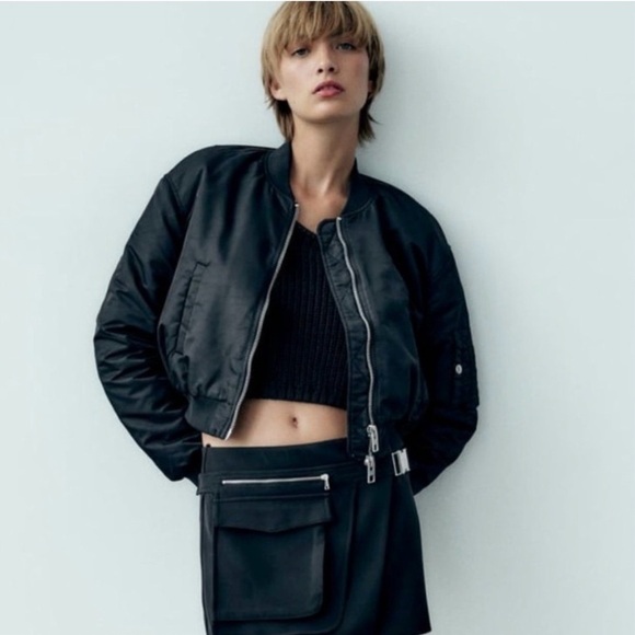 Zara Jackets & Blazers - ZARA Cropped Nylon Rocker Oversized Bomber Jacket Black Sz S